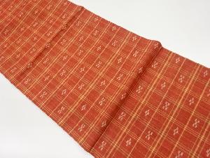 手織り紬格子に抽象花模様織出し全通袋帯